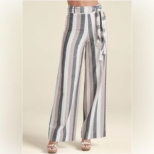 Wide Leg Linen Pants With Self Belt multi color Striped. Brand New size 8